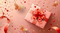 Gift box with red bow and confetti on pink background Royalty Free Stock Photo