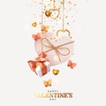 Valentine's Day. Background with realistic festive gifts box. Romantic present. white boxes with beige ribbon gift surprise, Royalty Free Stock Photo