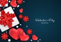 Valentine`s Day background of realistic white gift boxes with red ribbon and red hearts on blue background with your copy space. Royalty Free Stock Photo