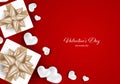 Valentine`s Day background of realistic white gift boxes with gold ribbon and white hearts on red background with your copy space. Royalty Free Stock Photo