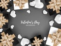 Valentine`s Day background of realistic black and white gift boxes with gold ribbon with white hearts frame on black background. Royalty Free Stock Photo