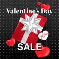 Valentine`s Day background of realistic red gift box with white ribbon and 70% on white heart tag, red hearts with white frame. Royalty Free Stock Photo