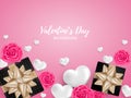 Valentine`s Day background of realistic black gift box with gold ribbon, pink rose and white hearts on pink background. Royalty Free Stock Photo