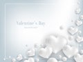 Valentine`s Day background of realistic white hearts and white pearls frame with your copy space.