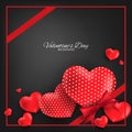 Valentine`s Day background of red heart with red ribbon frame on black background with your copy space. Royalty Free Stock Photo