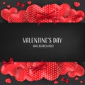 Valentine`s Day background of red hearts and red ribbons frame on black background with black stripe for your copy space. Royalty Free Stock Photo