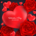Valentine`s Day background of red rose and red heart with copy space on black background. Royalty Free Stock Photo