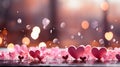 Valentine\'s day background with red hearts and bokeh lights