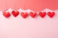 Valentine\'s day background with red paper hearts on pinkd, Red paper cut hearts hanging on pink background, AI Generate Royalty Free Stock Photo