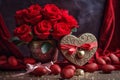 Valentine's day background with red roses, chocolate eggs and gift box