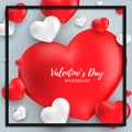 Valentine`s Day background of red and white heart with black frame. Royalty Free Stock Photo