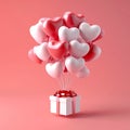 Valentine's Day background with red and white heart shaped balloons and gift box. Royalty Free Stock Photo