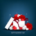 Valentine`s day background of red hearts, white hearts and red roses in white gift box with red ribbon and on the floor. Royalty Free Stock Photo