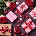 Valentine\'s day background with roses, gift boxes and hearts