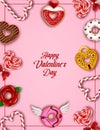 valentine\'s day background with sweets. valentine card with donuts and candies