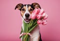 Valentine\'s Day background teeth pink card bouquet holding tulips Birthday Day Spring Wedding Dog Women\'s Royalty Free Stock Photo