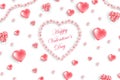 Valentine`s Day background. Top view on composition with pink glittering hearts, pink pearls, heart pink ribbon. Vector