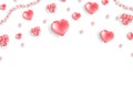 Valentine`s Day background. Top view on composition with pink glittering hearts, pink pearls, heart pink ribbon. Vector