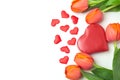 Valentine's day background with tulip flowers and heart shape gift box on white Royalty Free Stock Photo