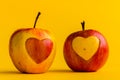 Valentine`s Day background. The two apples exchanged hearts. Romantic background for the holiday