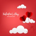 Valentine`s Day background with two balloons in shape heart have tie together float on pink cloud and sky background. Royalty Free Stock Photo