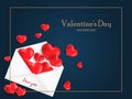 Valentine`s Day background of red hearts out from envelope with gold frame on blue background with copy space. Royalty Free Stock Photo