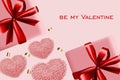 Valentine`s Day background. Valentine`s postcard. Heart made of confetti, realistic 3d gift wrapping with satin ribbon and bow