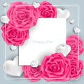Valentine`s Day background of pink roses, white heart and white frame with copy space. Royalty Free Stock Photo