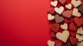Valentine\'s day background with wooden hearts on red background