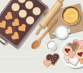 Valentine`s day. Baking utensils and cooking ingredients for cookies and pastry. Top view.