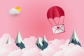 Valentine`s Day balloon heart-shaped floating in the sky and beautiful mountains cloud.paper art.vector illustration Royalty Free Stock Photo