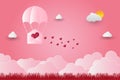 Valentine`s Day Balloon letter floating in the sky and beautiful mountains cloud.paper art.vector illustration Royalty Free Stock Photo