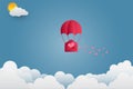 Valentine`s Day Balloon letter floating in the sky and beautiful mountains cloud.paper art.vector illustration Royalty Free Stock Photo