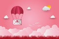 Valentine`s day balloons in a heart shaped flying over grass view background, paper art style. vector illustrator Royalty Free Stock Photo