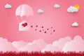 Valentine's day balloons in a heart shaped flying over grass view background, paper art style. vector illustrator Royalty Free Stock Photo