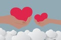 Valentine`s day balloons in a heart shaped flying over grass view background, paper art style. vector illustrator Royalty Free Stock Photo