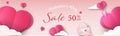 Valentine`s day baner of sale in cut paper style with cloud and hearts on gentle pink romantic background