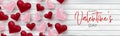 Valentine`s Day banner design. Romantic love 3d hears decoration on wooden board. Design concept for website header or newsletters