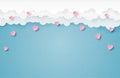 Valentine`s day banner with falling heart from clouds in paper cut style. Digital craft paper art Valentines day concept