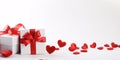 Valentine\'s day banner with gift boxes with bows and red hearts in front of white background Royalty Free Stock Photo