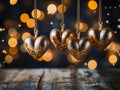 Valentine's Day banner - golden hanging hearts on a rope with defocused bokeh lights in the background. AI generated Royalty Free Stock Photo