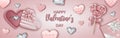 Valentine`s day banner with heart shaped gift boxes, lollipop, pink hearts and diamond hearts