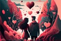 Valentineâs Day banner, romantic young couple in love in park, illustration
