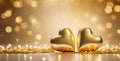Valentine\'s Day banner with two golden hearts on a blurred gold shiny bokeh background with copy space. Royalty Free Stock Photo