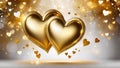 Valentine\'s Day banner with two golden hearts on a blurred gold shiny bokeh background with copy space. Royalty Free Stock Photo