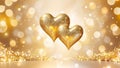 Valentine\'s Day banner with two golden hearts on a blurred gold shiny bokeh background with copy space. Royalty Free Stock Photo