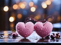 Valentine's Day banner, two pink shiny hearts on bokeh lights background. AI generated. Royalty Free Stock Photo