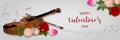 Valentine`s day banner with violin flowers and musical notes Royalty Free Stock Photo