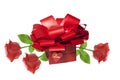 Valentine\'s Day  Beautiful red box with red ribbon and bow and red roses (Rose) on white isolated background Royalty Free Stock Photo