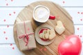 Valentine`s Day, biscuits and balloon-shaped heart and cup of co Royalty Free Stock Photo
